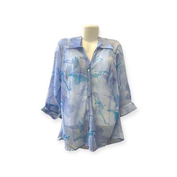 Cassee's Women's Blue Floral Sheer Button-Up Blouse | Size 2X - Picture 1 of 7
